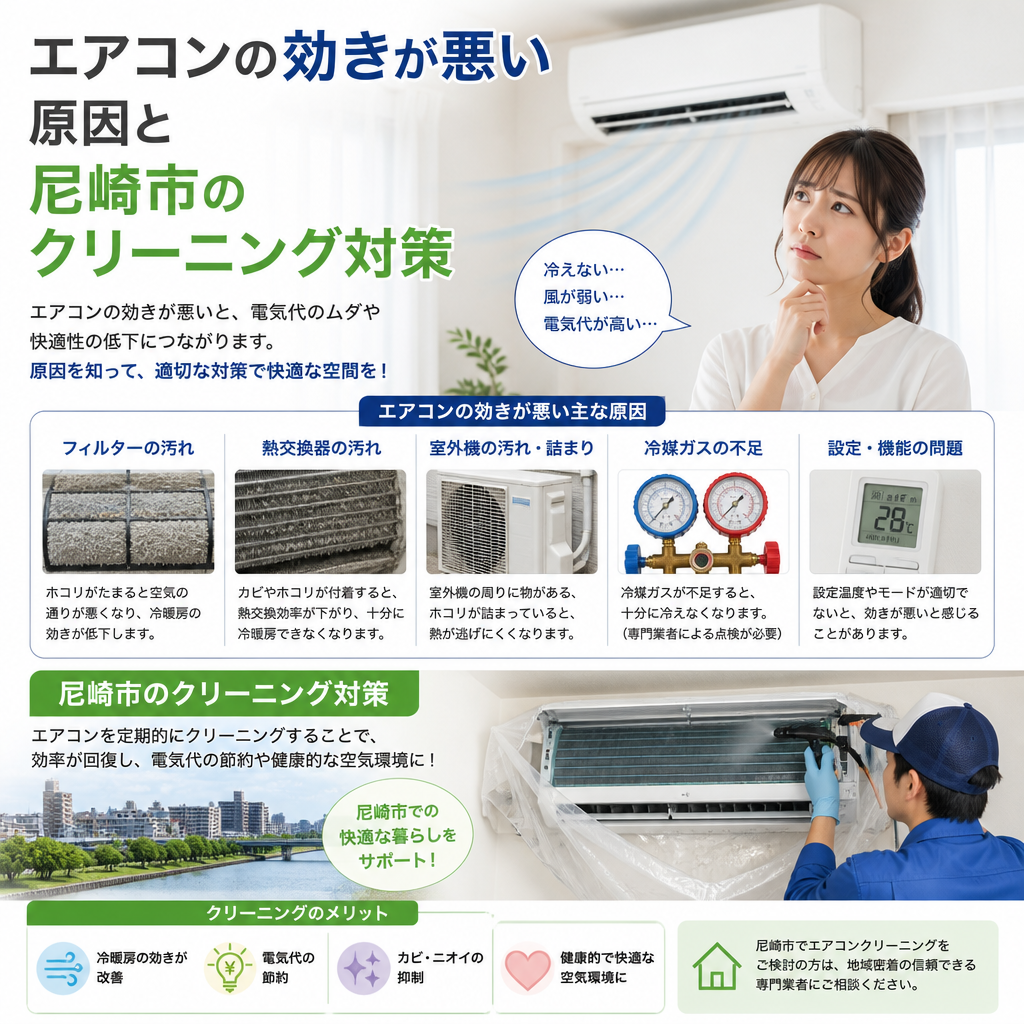 尼崎市でエアコンの効きが悪い原因と、クリーニングによる対策を紹介するイメージ画像