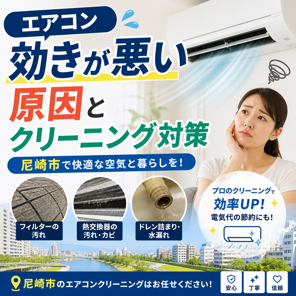 尼崎市のエアコンクリーニングで、効きが悪いエアコンの汚れを解消する様子