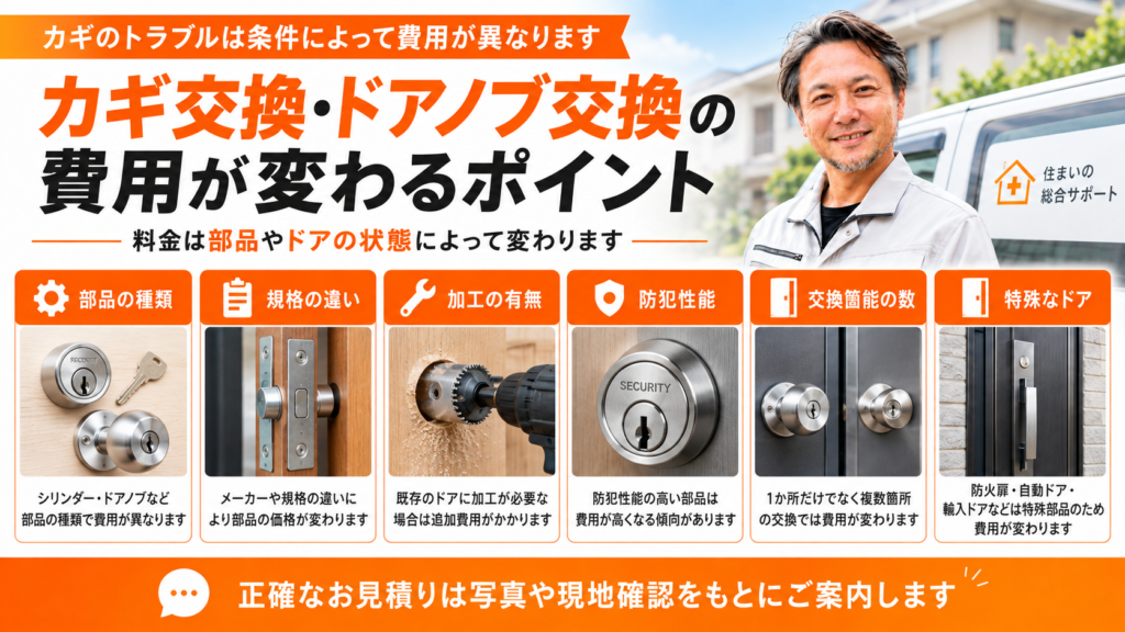 カギ・ドアノブ交換時の費用を説明した画像