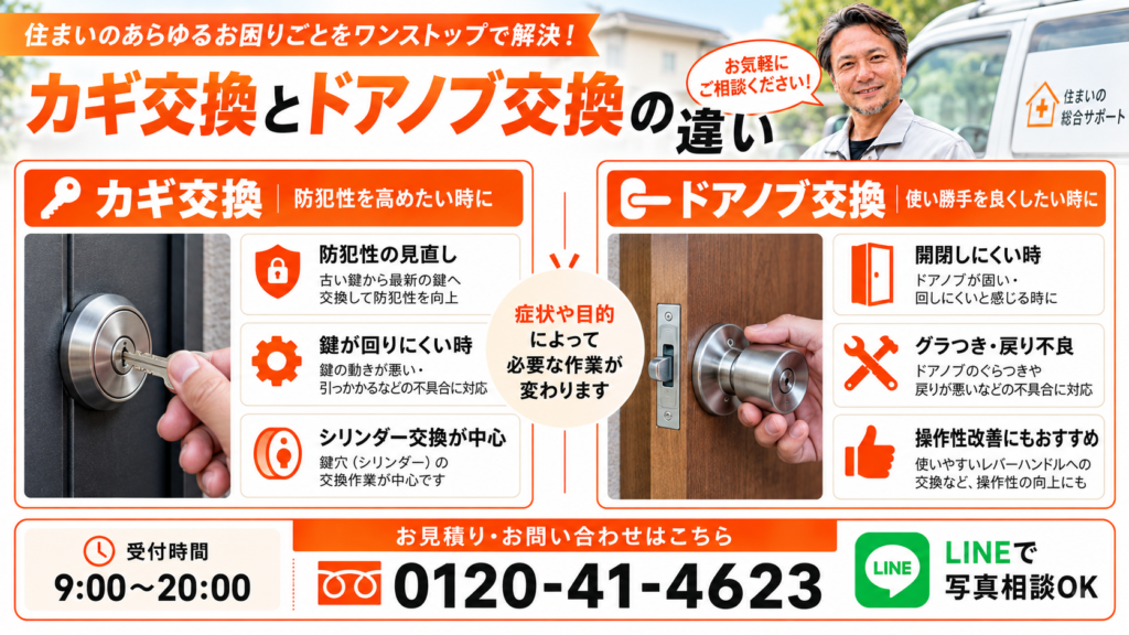 ドアノブと鍵交換の違いについて説明した画像