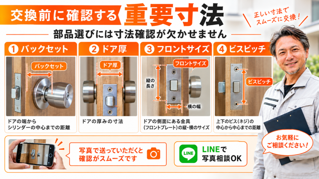 ドアノブ交換時に必要なチャック項目を説明した画像